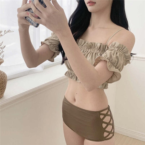 Korea Short Sleeve Swimsuit High Waisted Bikini Set Padded Swimwear Hollow Out BandeauTwo Piece Bathsuit Pleated Ruffle Biquinis