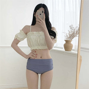 Korea Short Sleeve Swimsuit High Waisted Bikini Set Padded Swimwear Hollow Out BandeauTwo Piece Bathsuit Pleated Ruffle Biquinis