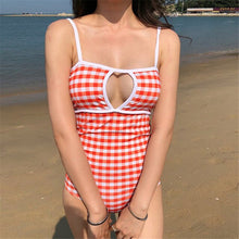 Load image into Gallery viewer, Korea Style One Piece Swimsuit Women Plaid Swimwear Sexy Cut Out Monokini Push Up Swim Suit Open Back Trikini Pad Bathing Suit
