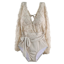 Load image into Gallery viewer, Korea Style Push Up One Piece Bathing Suit Sexy Lace Deep V Swimsuit Women Solid Padded Belt Swimwear Long Sleeve Mesh Monokini