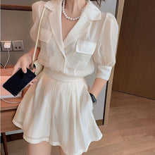Load image into Gallery viewer, Korea Two Piece Sets Women Solid Color Lapel Puff Sleeve Blouse Top + Mini Pant Suits 2021 Summer Fashion OL Clothing Suit