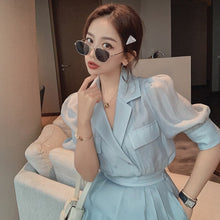 Load image into Gallery viewer, Korea Two Piece Sets Women Solid Color Lapel Puff Sleeve Blouse Top + Mini Pant Suits 2021 Summer Fashion OL Clothing Suit
