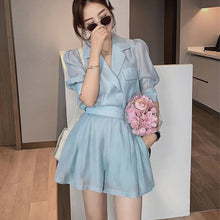 Load image into Gallery viewer, Korea Two Piece Sets Women Solid Color Lapel Puff Sleeve Blouse Top + Mini Pant Suits 2021 Summer Fashion OL Clothing Suit