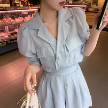 Load image into Gallery viewer, Korea Two Piece Sets Women Solid Color Lapel Puff Sleeve Blouse Top + Mini Pant Suits 2021 Summer Fashion OL Clothing Suit