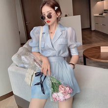 Load image into Gallery viewer, Korea Two Piece Sets Women Solid Color Lapel Puff Sleeve Blouse Top + Mini Pant Suits 2021 Summer Fashion OL Clothing Suit