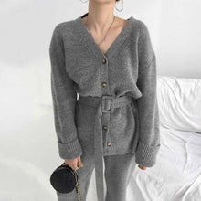 Load image into Gallery viewer, Korea chic temperament V-neck single-breasted lace-up long-sleeved knitted jacket+high waist mop wide-leg pants and trousers set