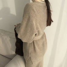 Load image into Gallery viewer, Korea chic temperament V-neck single-breasted lace-up long-sleeved knitted jacket+high waist mop wide-leg pants and trousers set