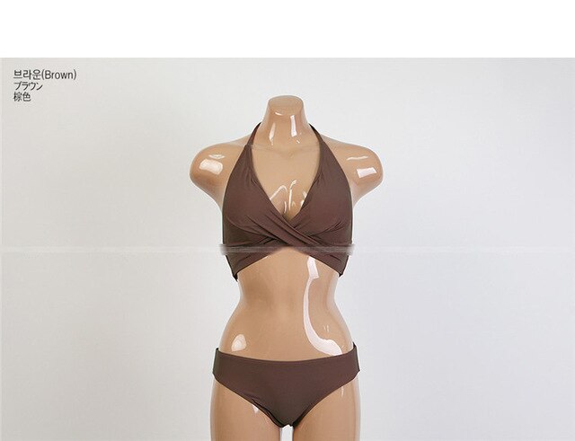 Korean Bikini Women Solid Swimwear Push Up Swimsuit Solid Biquini Halter Bikinis Green Bathing Suit sexy Maillot De Bain