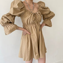 Load image into Gallery viewer, Korean Chic Autumn Retro Square Neck Women Dress Fold Drawstring Lace Up High Waist Short Flare Sleeve Vestidos Elegant Robe