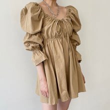 Load image into Gallery viewer, Korean Chic Autumn Retro Square Neck Women Dress Fold Drawstring Lace Up High Waist Short Flare Sleeve Vestidos Elegant Robe