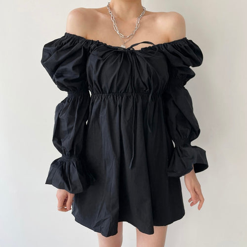 Korean Chic Autumn Retro Square Neck Women Dress Fold Drawstring Lace Up High Waist Short Flare Sleeve Vestidos Elegant Robe