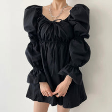 Load image into Gallery viewer, Korean Chic Autumn Retro Square Neck Women Dress Fold Drawstring Lace Up High Waist Short Flare Sleeve Vestidos Elegant Robe