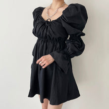 Load image into Gallery viewer, Korean Chic Autumn Retro Square Neck Women Dress Fold Drawstring Lace Up High Waist Short Flare Sleeve Vestidos Elegant Robe