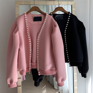 Korean Chic Autumn Sweet Pearl Lace Design Coat Women Loose Puff Sleeve Short Jacket Women Simple All Match Casual Women Tops