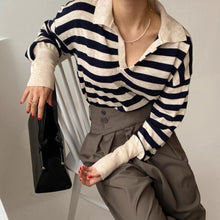 Load image into Gallery viewer, Korean Chic Contrast Stripe Loose Knitted Pullovers Women All Match Casual Turn Down Collar Loose Sweater Women Autumn 2022 Tops
