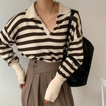 Load image into Gallery viewer, Korean Chic Contrast Stripe Loose Knitted Pullovers Women All Match Casual Turn Down Collar Loose Sweater Women Autumn 2022 Tops