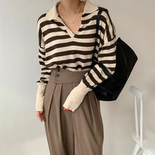Load image into Gallery viewer, Korean Chic Contrast Stripe Loose Knitted Pullovers Women All Match Casual Turn Down Collar Loose Sweater Women Autumn 2022 Tops