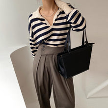 Load image into Gallery viewer, Korean Chic Contrast Stripe Loose Knitted Pullovers Women All Match Casual Turn Down Collar Loose Sweater Women Autumn 2022 Tops