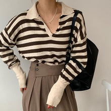 Load image into Gallery viewer, Korean Chic Contrast Stripe Loose Knitted Pullovers Women All Match Casual Turn Down Collar Loose Sweater Women Autumn 2022 Tops