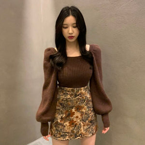 Korean Chic Early Autumn Slim Knit Pullovers Women French Retro Lantern Sleeve Elegant Knitted Tops Casual Fashion Sweaters