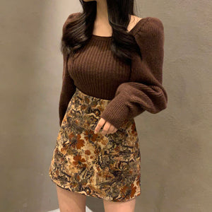 Korean Chic Early Autumn Slim Knit Pullovers Women French Retro Lantern Sleeve Elegant Knitted Tops Casual Fashion Sweaters