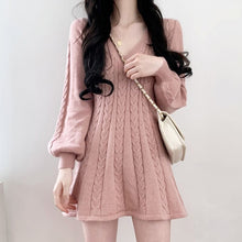 Load image into Gallery viewer, Korean Chic Elegant Slim V-neck Knitted Dress for Women Autumn Winter 2022 New Lantern Sleeve Solid Vestidos Simple Casual Robe