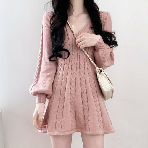 Korean Chic Elegant Slim V-neck Knitted Dress for Women Autumn Winter 2022 New Lantern Sleeve Solid Vestidos Simple Casual Robe