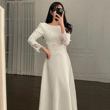 Load image into Gallery viewer, Korean Chic Elegant Temperament Stitching High Waist Thin Round Hollow Out White Lace Crochet Long Sleeve Dress Robe Femme Hip
