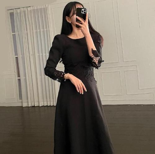 Korean Chic Elegant Temperament Stitching High Waist Thin Round Hollow Out White Lace Crochet Long Sleeve Dress Robe Femme Hip