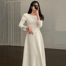 Load image into Gallery viewer, Korean Chic Elegant Temperament Stitching High Waist Thin Round Hollow Out White Lace Crochet Long Sleeve Dress Robe Femme Hip