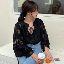 Load image into Gallery viewer, Korean Chic Retro Court Style Neckline Lace Up Shirts Women Loose Lace Stitching Lantern Sleeve Blouse Women Elegant Blusas
