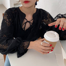 Load image into Gallery viewer, Korean Chic Retro Court Style Neckline Lace Up Shirts Women Loose Lace Stitching Lantern Sleeve Blouse Women Elegant Blusas
