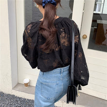 Load image into Gallery viewer, Korean Chic Retro Court Style Neckline Lace Up Shirts Women Loose Lace Stitching Lantern Sleeve Blouse Women Elegant Blusas