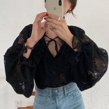 Load image into Gallery viewer, Korean Chic Retro Court Style Neckline Lace Up Shirts Women Loose Lace Stitching Lantern Sleeve Blouse Women Elegant Blusas