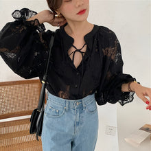 Load image into Gallery viewer, Korean Chic Retro Court Style Neckline Lace Up Shirts Women Loose Lace Stitching Lantern Sleeve Blouse Women Elegant Blusas