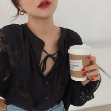Load image into Gallery viewer, Korean Chic Retro Court Style Neckline Lace Up Shirts Women Loose Lace Stitching Lantern Sleeve Blouse Women Elegant Blusas