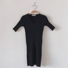 Load image into Gallery viewer, Korean Chic Sexy Deep V-neck Slim Fit Ice Silk Knitted Dress Women Simple Bodycon Short Sleeve Vestidos Casual Soft Robe Femme