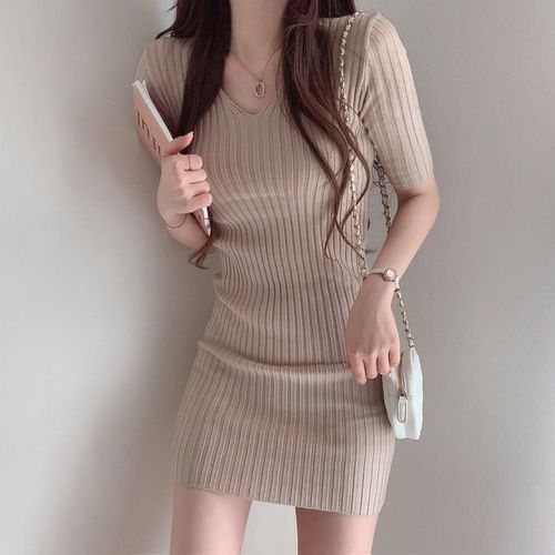 Korean Chic Sexy Deep V-neck Slim Fit Ice Silk Knitted Dress Women Simple Bodycon Short Sleeve Vestidos Casual Soft Robe Femme