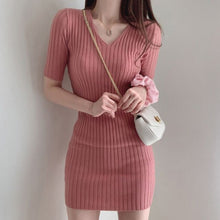 Load image into Gallery viewer, Korean Chic Sexy Deep V-neck Slim Fit Ice Silk Knitted Dress Women Simple Bodycon Short Sleeve Vestidos Casual Soft Robe Femme