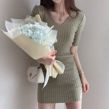 Load image into Gallery viewer, Korean Chic Sexy Deep V-neck Slim Fit Ice Silk Knitted Dress Women Simple Bodycon Short Sleeve Vestidos Casual Soft Robe Femme