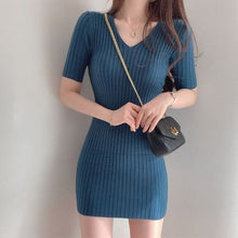 Load image into Gallery viewer, Korean Chic Sexy Deep V-neck Slim Fit Ice Silk Knitted Dress Women Simple Bodycon Short Sleeve Vestidos Casual Soft Robe Femme