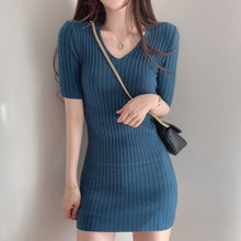 Load image into Gallery viewer, Korean Chic Sexy Deep V-neck Slim Fit Ice Silk Knitted Dress Women Simple Bodycon Short Sleeve Vestidos Casual Soft Robe Femme