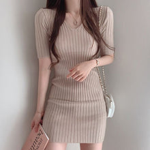 Load image into Gallery viewer, Korean Chic Sexy Deep V-neck Slim Fit Ice Silk Knitted Dress Women Simple Bodycon Short Sleeve Vestidos Casual Soft Robe Femme