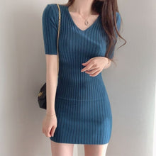 Load image into Gallery viewer, Korean Chic Sexy Deep V-neck Slim Fit Ice Silk Knitted Dress Women Simple Bodycon Short Sleeve Vestidos Casual Soft Robe Femme