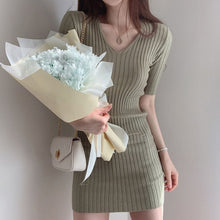 Load image into Gallery viewer, Korean Chic Sexy Deep V-neck Slim Fit Ice Silk Knitted Dress Women Simple Bodycon Short Sleeve Vestidos Casual Soft Robe Femme