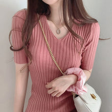 Load image into Gallery viewer, Korean Chic Sexy Deep V-neck Slim Fit Ice Silk Knitted Dress Women Simple Bodycon Short Sleeve Vestidos Casual Soft Robe Femme