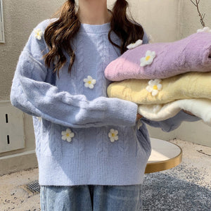 Korean Chic Sweet Fresh Three Dimensional Flower Sweaters Women Loose Casual O Neck Long Sleeve Pullovers Autumn Knitted Tops
