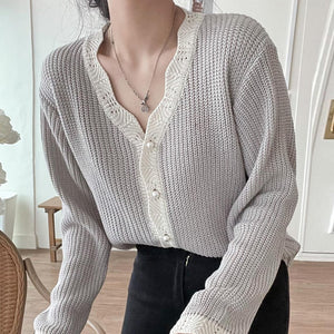 Korean Chic V Neck Long Sleeve Knitted Cardigans Casual All Match Loose Elegant Sweaters Women Autumn 2022 Solid Sweet Tops
