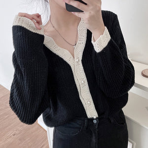 Korean Chic V Neck Long Sleeve Knitted Cardigans Casual All Match Loose Elegant Sweaters Women Autumn 2022 Solid Sweet Tops