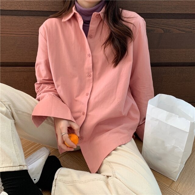 Korean Chic Women Solid Shirt Office Ladies Casual Tops And Shirts Female Long Sleeves Blouses Chic Pocket